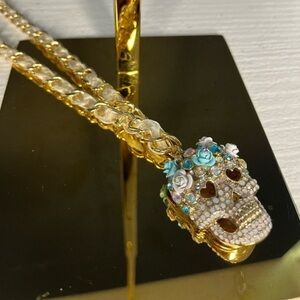 Betsey Johnson Sugar Skull Statement Necklace Aurora Borealis Opal Gold NWT